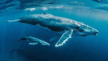 un jorobado ballena y su becerro nadar en azur aguas foto