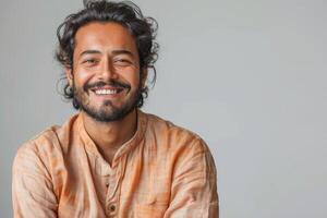 joven sonriente indio hombre en tradicional ropa en gris antecedentes foto