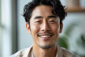 Korean man smiling and looking at camera on gray background photo