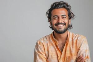 joven sonriente indio hombre en tradicional ropa en gris antecedentes foto