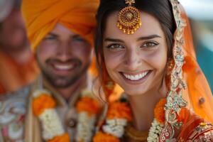 alegre indio mujer y hombre en tradicional ropa foto