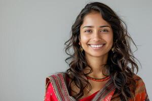 Smiling indian woman in traditional clothes on light background photo