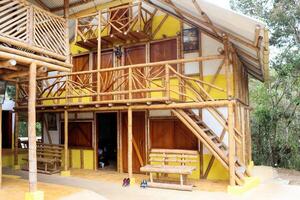Bamboo house, natural wood Eco house, texture, art tree in the tropics photo