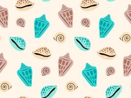 Seashells seamless pattern on light background in flat style vector