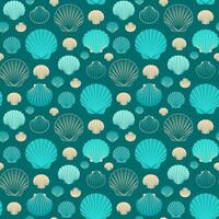 Sea shells seamless pattern on dark aquamarine background vector