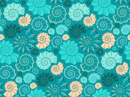 Seamless pattern with spiral sea shells on aquamarine color background vector