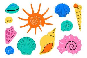 Set of colored sea shells in trendy flat style. Isolated stickers on white background vector