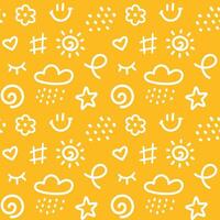 Cute line doodle seamless pattern. Simple hand drawn scribble icons in children drawing style. Collection of kids design elements on orange background vector