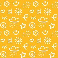 Cute line doodle seamless pattern. Simple hand drawn scribble icons in children drawing style. Collection of kids design elements on orange background vector