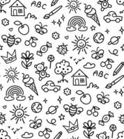 Seamless pattern with fun black line doodle children drawings on white background vector