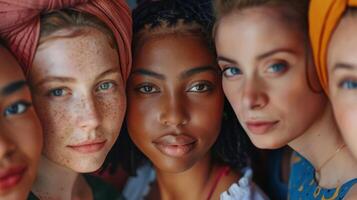 Diverse women with unique facial expressions pose together for a group photo