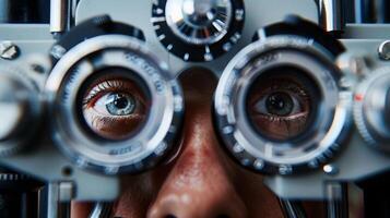 Man undergoes eye exam with goggles at ophthalmologists office photo