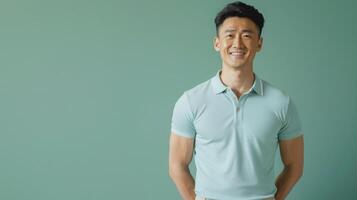 A man wearing a light blue dress shirt is standing in front of a green wall photo