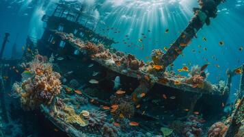 Underwater shipwreck lies among corals and marine life in the ocean photo