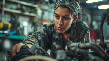 Skilled Female Mechanic Repairing a Motorcycle Engine photo