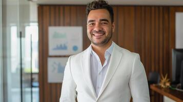 Professional Young Businessman in Modern Office Setting Wearing White Blazer - Corporate, Leadership, Confidence, and Success Concept photo