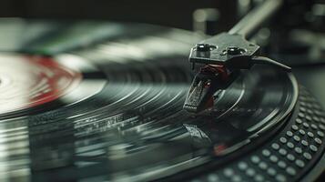 A closeup shot of a record player spinning a vinyl record photo