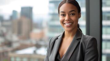 Professional Businesswoman in Modern Office with Cityscape Background for Corporate and Marketing Design photo