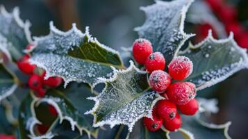 Closeup of frost on holly plant leaves and berries in winter photo