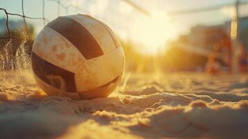 Ball resting on sandy beach, surrounded by peaceful landscape photo