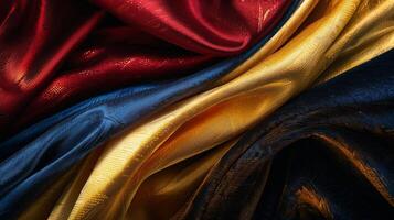 Closeup of red, gold, and electric blue satin fabric with intricate patterns photo