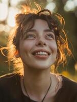 Her surfer hair, bright smile, and happy expression as she gazes up at the sun photo