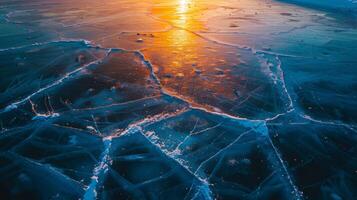 The suns reflection in the icy lake creates a stunning azure landscape photo