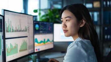 A woman enjoys watching events on two computer displays in a room photo