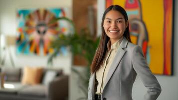 Professional Businesswoman in Modern Office Environment with Artistic Background for Corporate Design photo