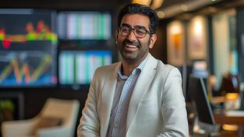 Smiling Middle Eastern Businessman in Modern Office with Stock Market Screens, Professional Success Concept photo