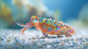 An electric blue arthropod, the colorful squid, walks on the sandy ocean floor photo