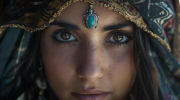 a close up of a woman wearing a turban and a turquoise pendant on her forehead photo