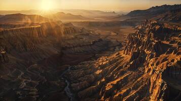 Beautiful desert canyon sunset with colorful sky and mountain silhouette photo