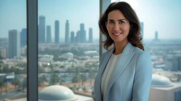 Professional Woman in Light Blue Suit with Middle Eastern City Skyline Background for Business Promotions photo