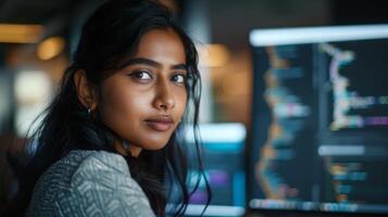 a woman is sitting in front of a computer monitor photo