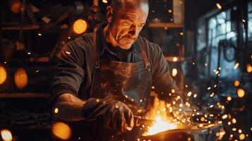 Blacksmith is heating metal with gas in workshop at midnight photo