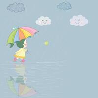 paraguas niña en lluvia. contento linda niño niña jugar vestir impermeable. vector