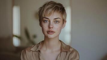 confidente joven mujer con acné y corto rubia pelo posando adentro, abrazando natural belleza y auto-aceptación foto