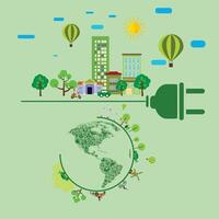 Ecology and Environment concept, green city and globe. Clean ecology. vector