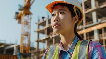 un mujer en un difícil sombrero y la seguridad chaleco es en un construcción sitio foto