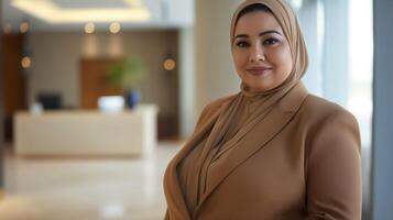 Confident Muslim Businesswoman in Modern Office Setting Professional Portrait, Diversity, Hijab, Corporate Environment, Inclusive Workplace Design photo