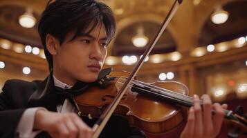 Musician in tuxedo performs classical music on violin in auditorium photo
