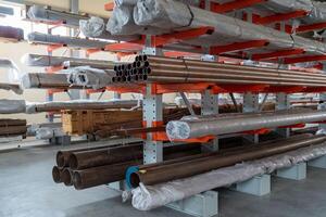 warehouse interior with shelves, pallets and boxes photo