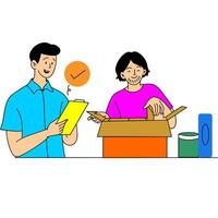 a man and woman are looking at a box vector