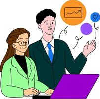 a man and woman are standing next to a laptop with a graph and a circle vector