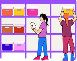 two women are looking at shelves with colorful boxes vector