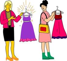 two women are looking at dresses on a rack vector