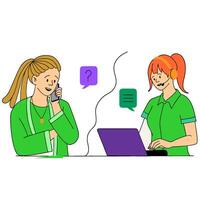 two women talking on the phone while sitting at a desk vector