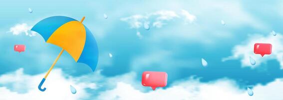 Monsoon sale offer banner template header with realistic clouds and colorful umbrella on blue background. vector