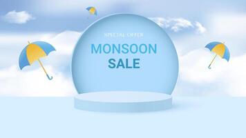 Cylindrical podium for displaying products during the rainy season. Design with realistic clouds and colorful umbrellas. Place for text. vector